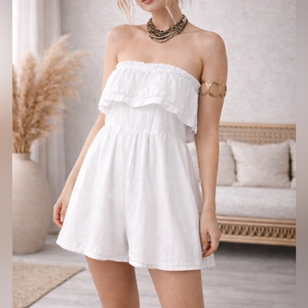 Free People Frills & Thrills White Strapless Ruffle Summer Cottagecore Romper